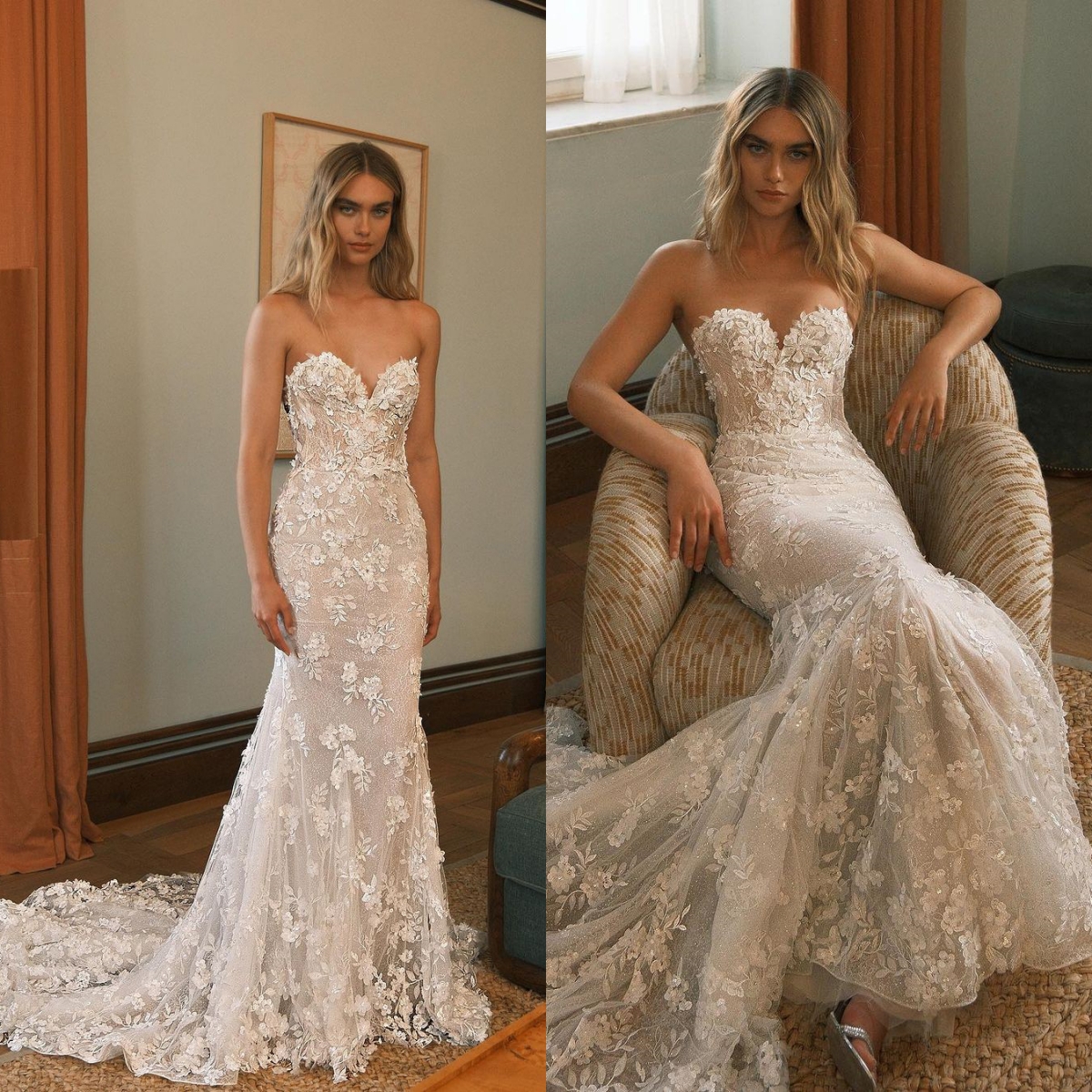 Lace Mermaid Elegant Wedding Dresses 3D-ral Appliques Strapless Bridal Gowns Custom Made Sweep Train Bride Dress Plus Size