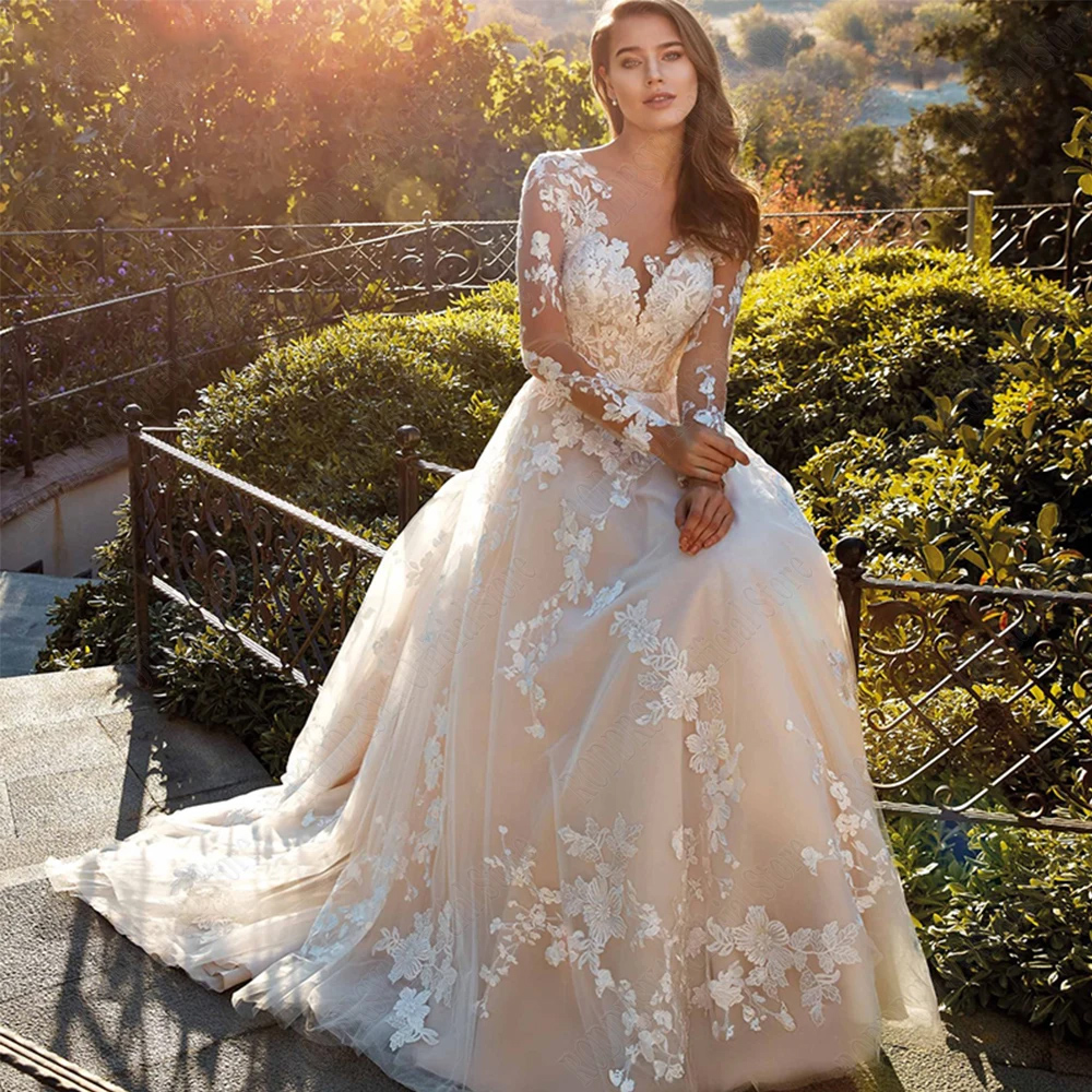 Stunningbride 2024 Elegant Lace A-e Wedding Dresses Long Sleeves Applique O-Neck Button Tulle Plus Size Bride Gowns Covered Buttons Custom Made
