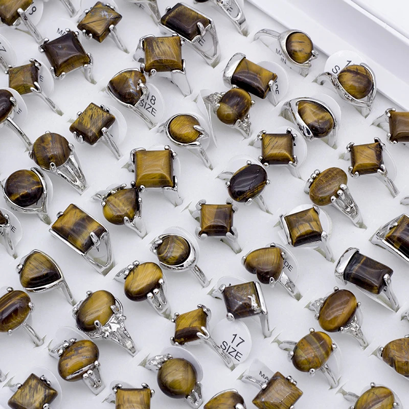 Tiger Eye Stones Rings For Women Natural Stone Geometric Ring Retro Fashion Jewelry Gifts For Women Men 25Pcs/Set 240118