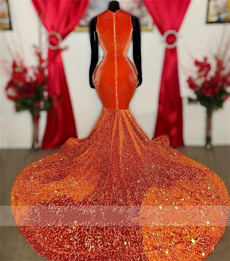 New Arrival 2024 Orange Crystal Prom Dresses Sheer Neck Evening Gowns Dias Rhies Feathers Birthday Party Dress Robes Lz0304