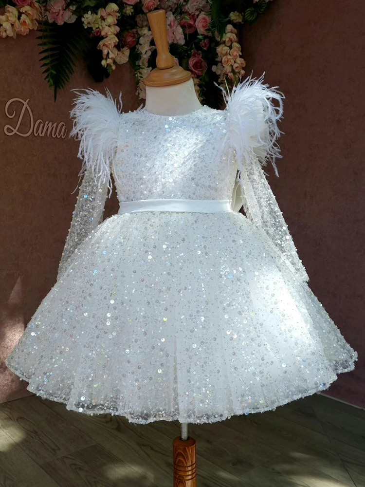 sequined White girl pageant dress First Communion Dresses For Girls 2024 Brand Tulle Lace Infant Toddler Pageant long sleeve Flower Girl Dress Wedding