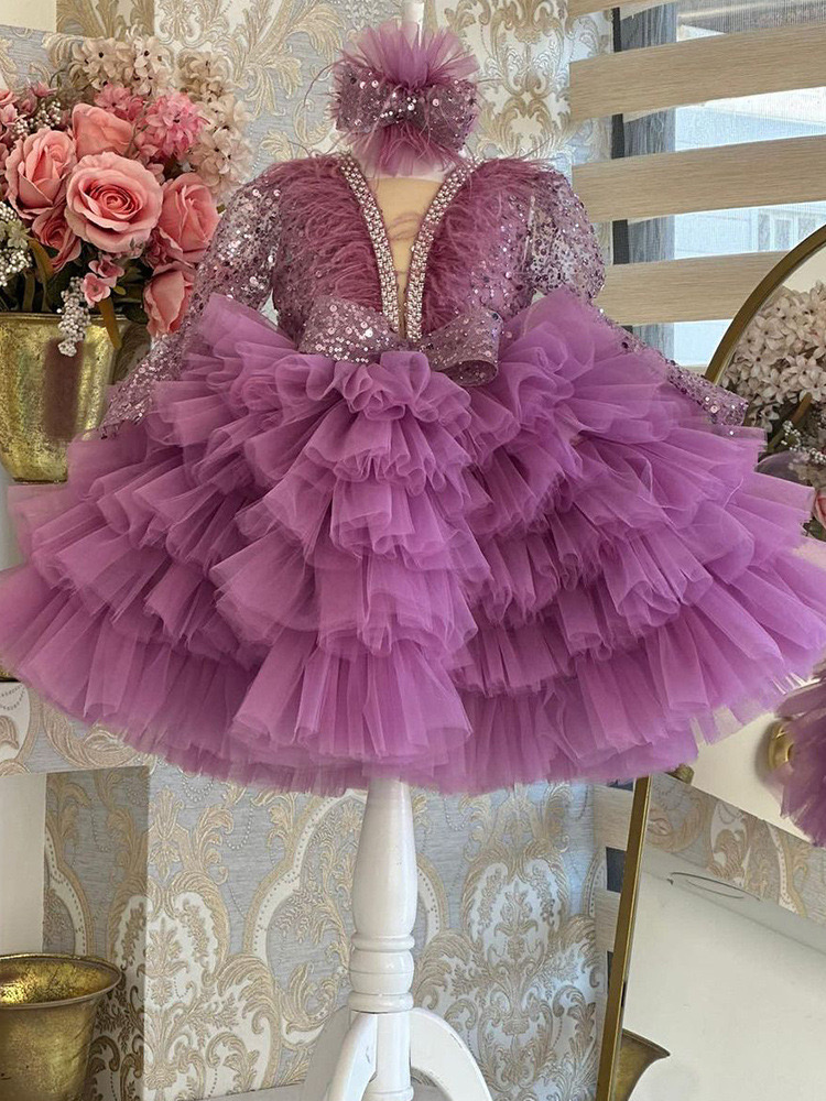 Lovely Feather Sequined Girls Pageant Dresses New Long Sleeves Crystals Beaded Tutu Appliques Tiered Skirts Red Flower Girl Dress Custom Made Kids For