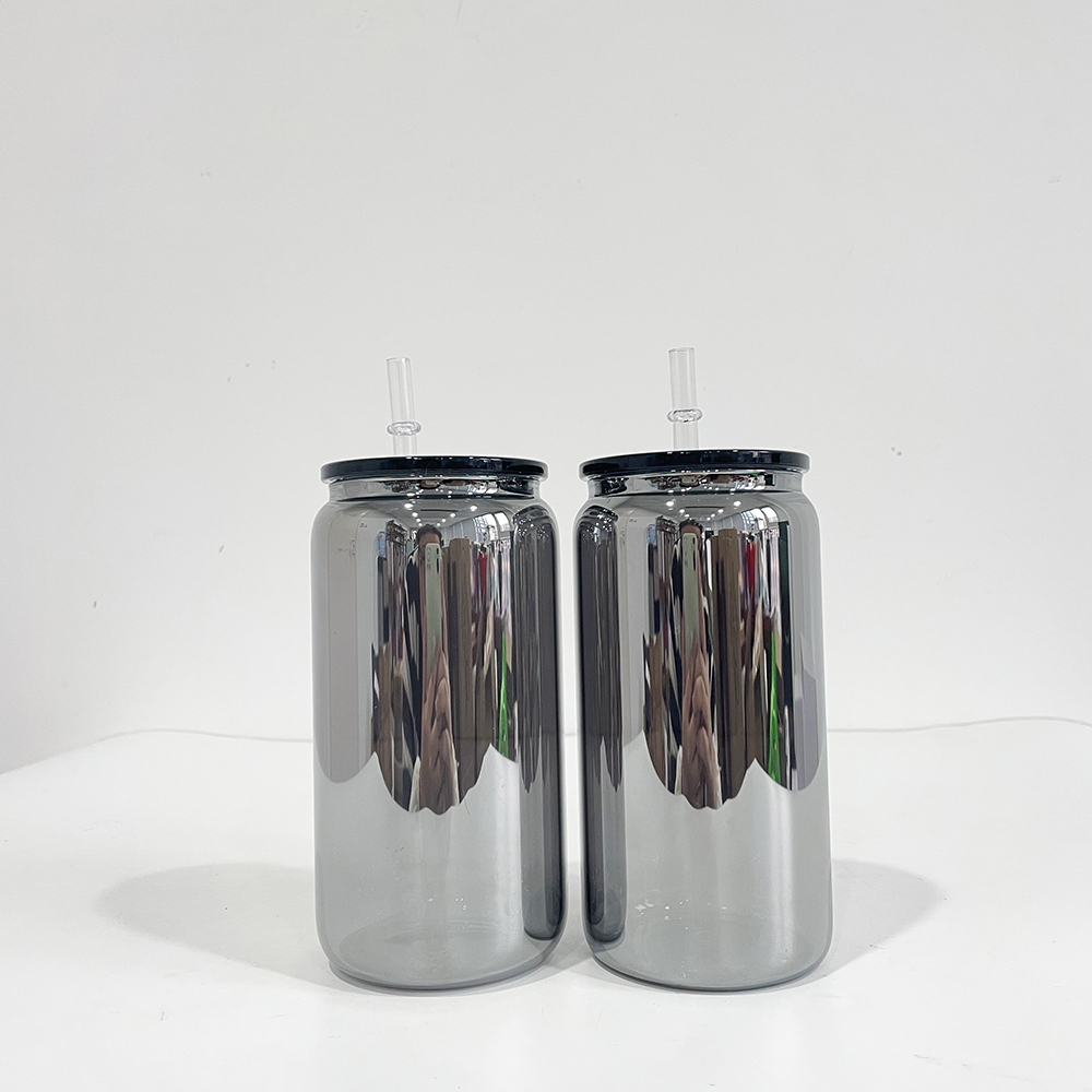 Recyclable high borosilicate glass BPA Free middle night metal mirror black plated 16 OZ beer soda Can Tumbler Glasses with plastic lids and straw for