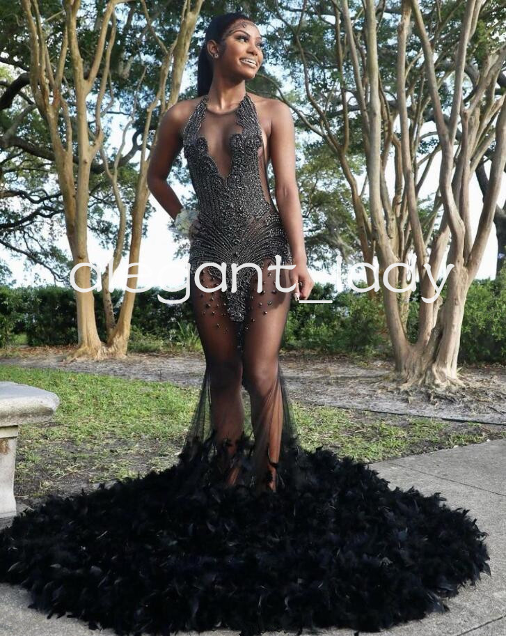 2024 Sparkly African Mermaid Prom Birthday Dresses for Women Luxury Diamond Feather See Through Evening Gown Black Girl