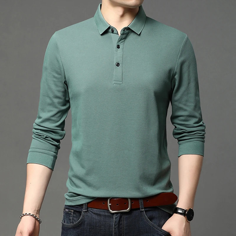 Polo Shirt Men Business Casual Solid Color Polo Shirts Mens Long Sleeve Breathable Slim Turn Down Collar Polo Tees Tops Men 240125