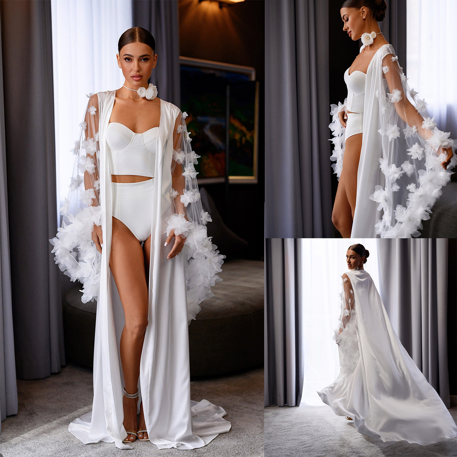 Handmade Flowers Women Satin Nightgown Sexy Lace Sleepwear V Neck Long Sleeve Nightwear Sleep Wear Night Gown Lingerie