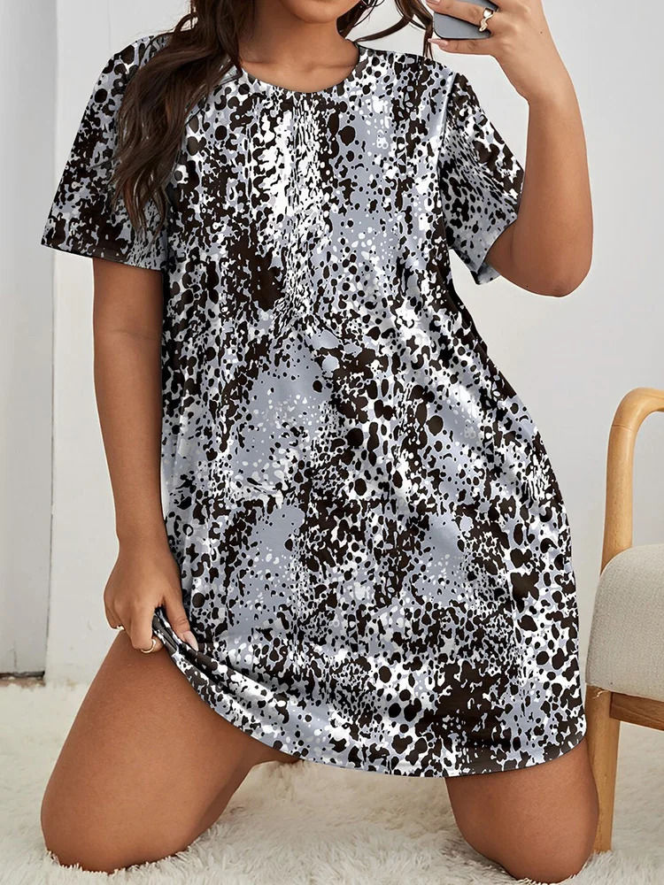 Women's Plus Size Soft Heart Print V Neck Sleep Tee Dress - Breathable and Colorful 240129