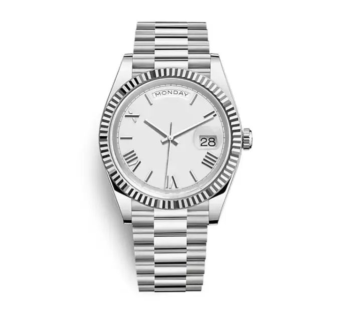 18 ct Silver DAYDATE 40mm self-winding mechanical movement Champagne dial Fluted bezel Concealed folding Crown clasp Mens watch