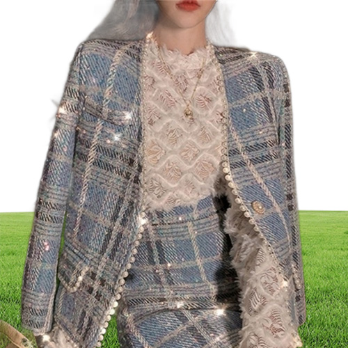 Runway Fall Winter Beaded Diamonds Plaid Woolen Female Tweed Jacket Coat Elegant Skirt Women Clothes 2 Pieces Set Suit 220817