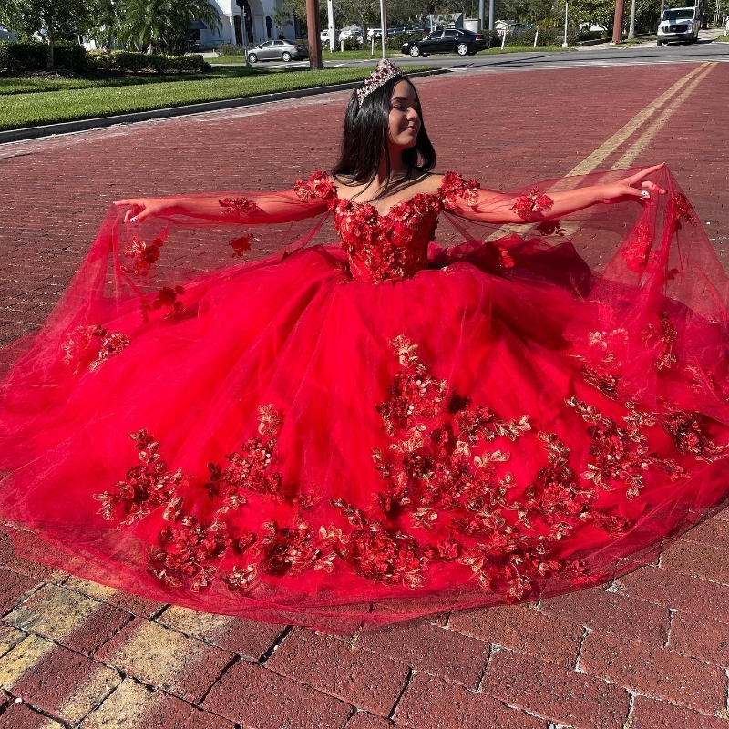 Red Quinceanera Dresses Ball Gown For 16 weet Girl Sequined Appliques Lace Tull With Cape Train Princess Dress Vestidos De 15 Anos