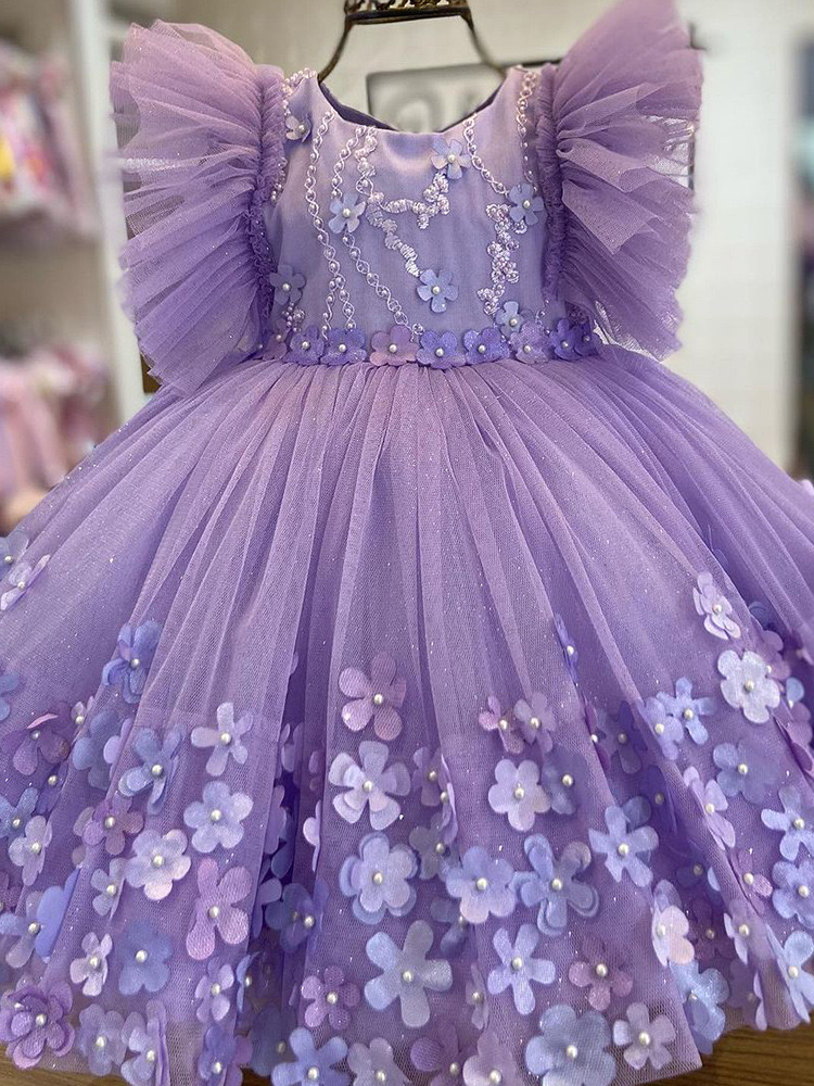 2024 Ful Purple Ball Gown Wer Girl Dresses For Wedding New Pearls Beaded Wers Tulle Toddler Pageant Gowns Handmade Baby First Holy Communion Dress 666