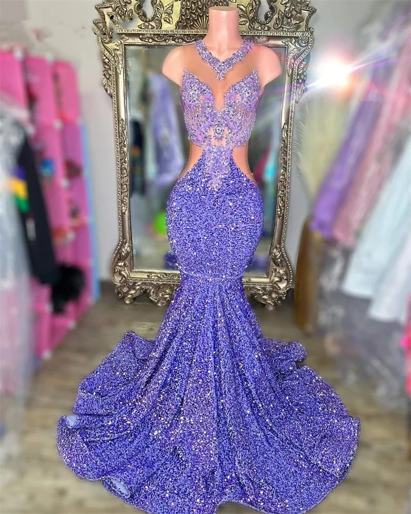 Dazzg Lilac Dias Sequins Mermaid Prom Dress 2024 For Black Girls Crystal Bead Rhies Gown Birthday Party Gowns 0218