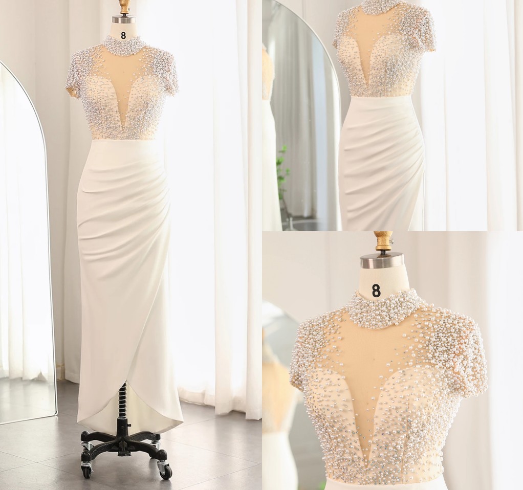 Elegant 2024 Evening Formal Dress High Neck Beaded Pearls Short Sleevevs Women Soft Satin Prom Party Gowns Birthday Wear Arabic Dubai Robe De Soiree