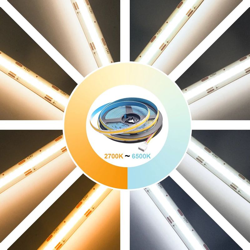 CCT COB Strip DC12V 24V CRI 90 High density cob led strip light 608leds dimmable 2700k-6500k 5mm 8mm 10mm for Bedroom Kitchen Home DIY Lighting