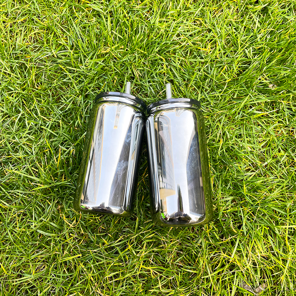 Recyclable high borosilicate glass BPA Free middle night metal mirror black plated 16 OZ beer soda Can Tumbler Glasses with plastic lids and straw for