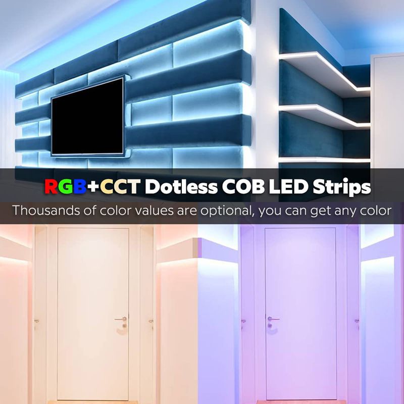 FCOB COB Color Changing RGBCCT Flexible High Density LED Strip Light RGB+Tunable Color Temperature 3000K-6000K 16.4FT 840LEDs DC24V 12mm Width for Dec
