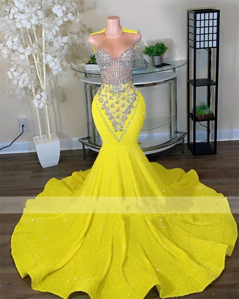 Yellow Sequins Long Prom 2024 For Black Girls Beading Crystal Rhies Birthday Party Dress Evening Gown Vestidos
