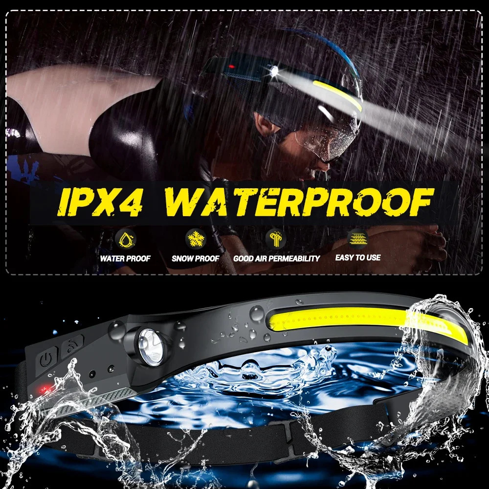 Sensor Headlamp LED Head Flashlight Rechargeable Headlight Torch Builtin Battery 5 Lighting Modes Fishing Camping Lantern 240127