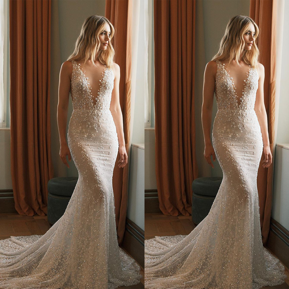 Summer Beach Mermaid Wedding Dresses Sheer V Neck Sequines Appliques Bridal Gowns Illusion Custom Made Bride Dress