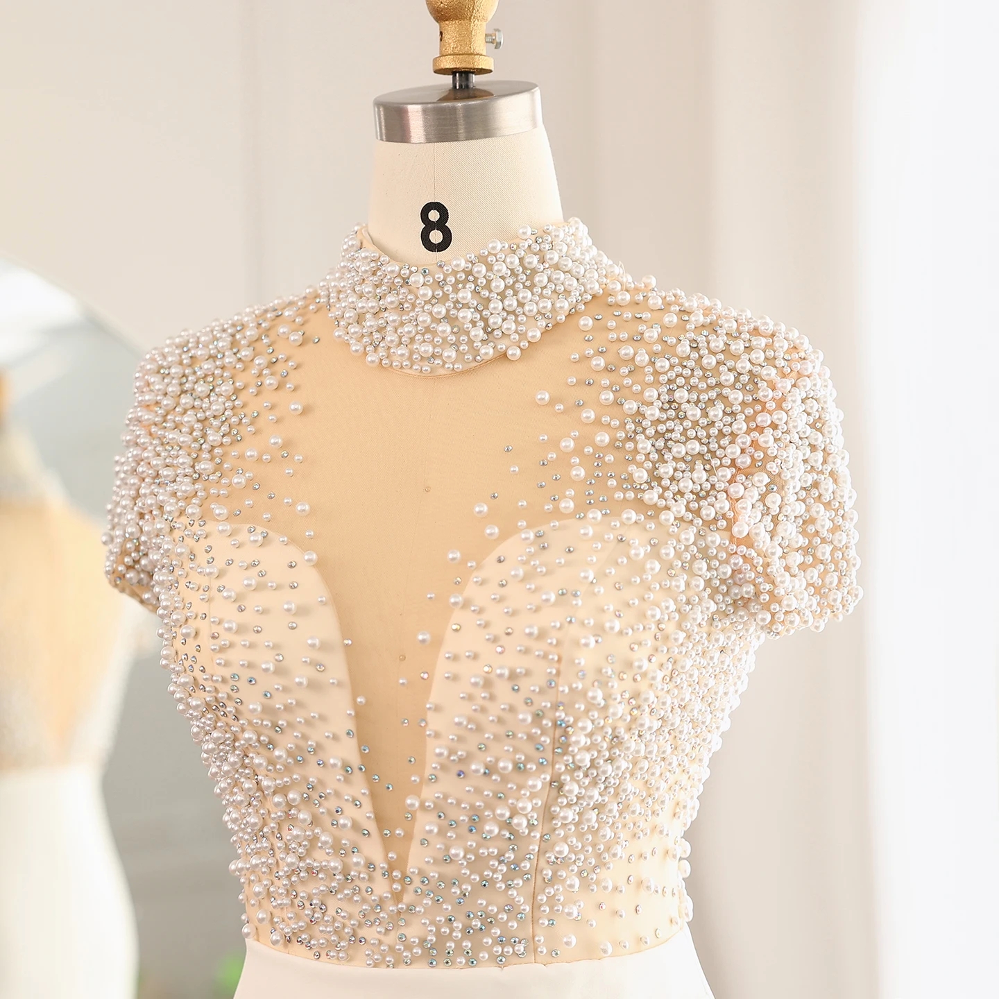 Elegant 2024 Evening Formal Dress High Neck Beaded Pearls Short Sleevevs Women Soft Satin Prom Party Gowns Birthday Wear Arabic Dubai Robe De Soiree