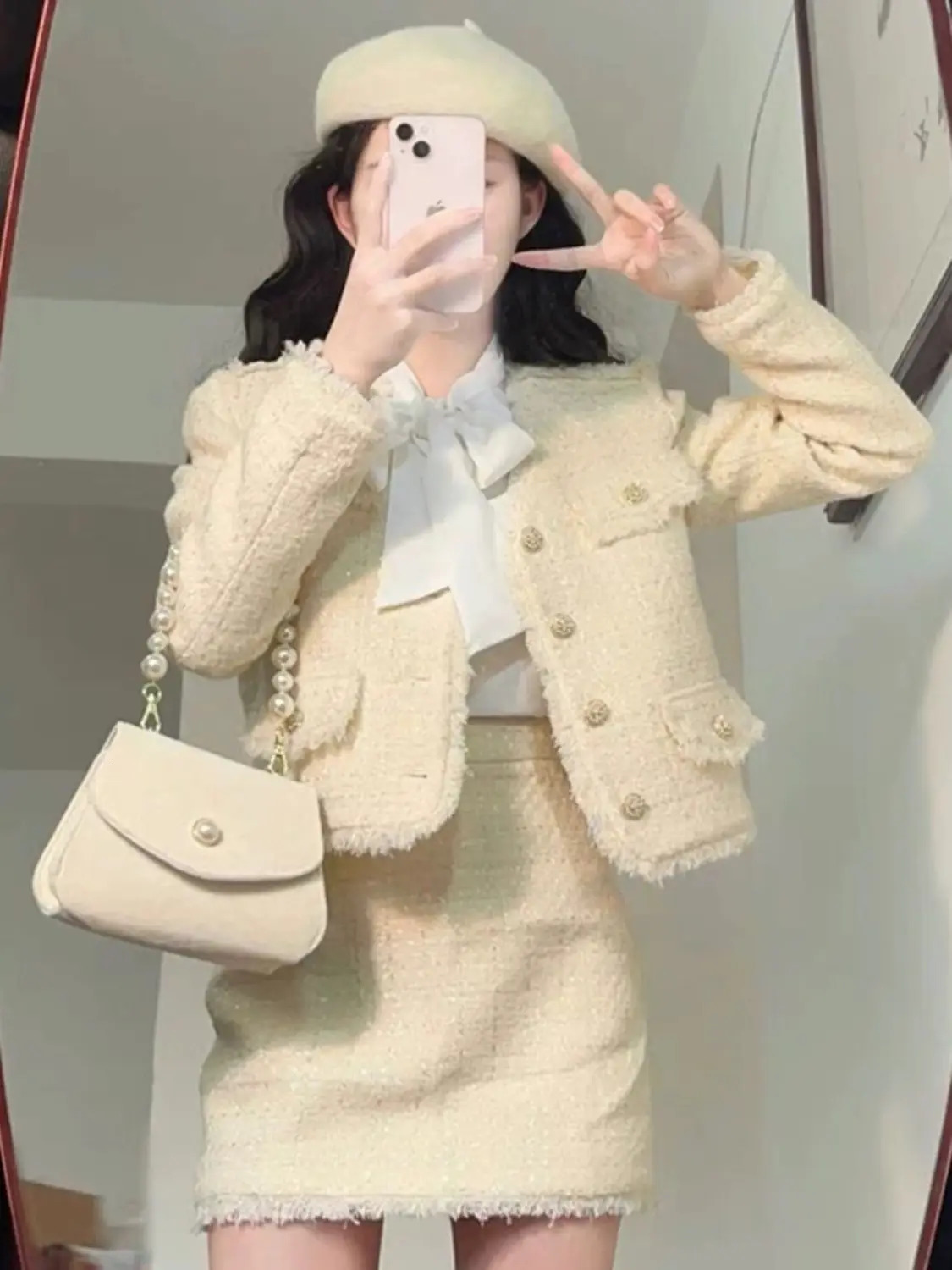 Korean Style Womens Suit Jacket Skirt Set Autumn and Winter Highend Temperament Office Lady Tweed Top Twopiece 240124