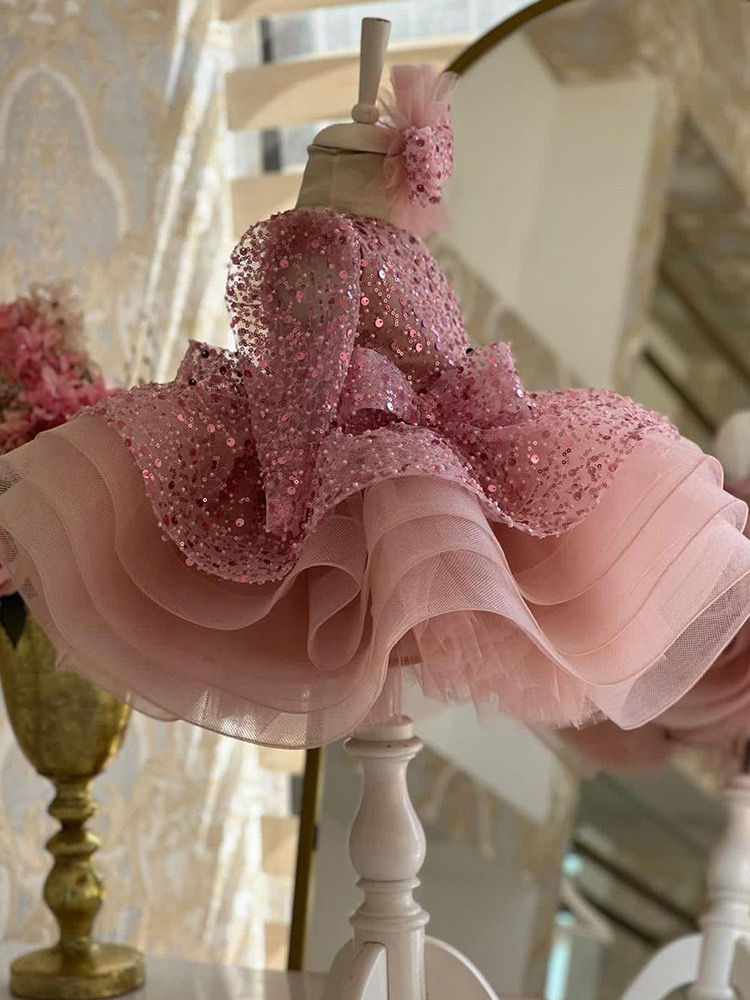 Pink White Shiny Flower One Shoulder Long Sleeve Sequined Big Bling Bowtie Ruffles Tulle Puff Birthday Party Dresses Gowns Pageant Dress For Girl 403