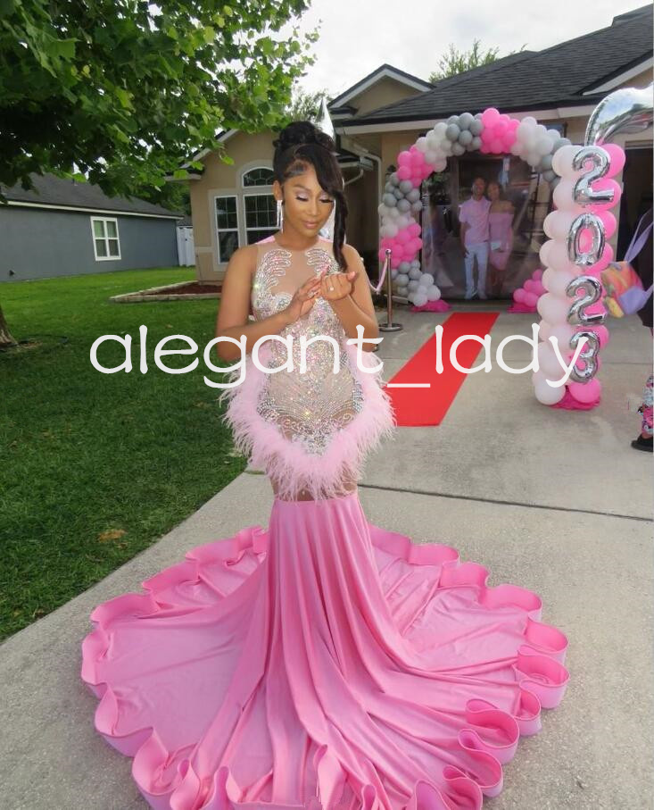 Pink Luxury Mermaid Prom Ceremony Dresses for Women Sparkly Crystal Feather Black Girl Evening Party Birthday Gala Gown
