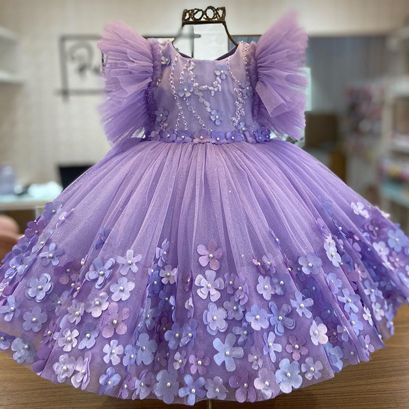 2024 Ful Purple Ball Gown Wer Girl Dresses For Wedding New Pearls Beaded Wers Tulle Toddler Pageant Gowns Handmade Baby First Holy Communion Dress 666