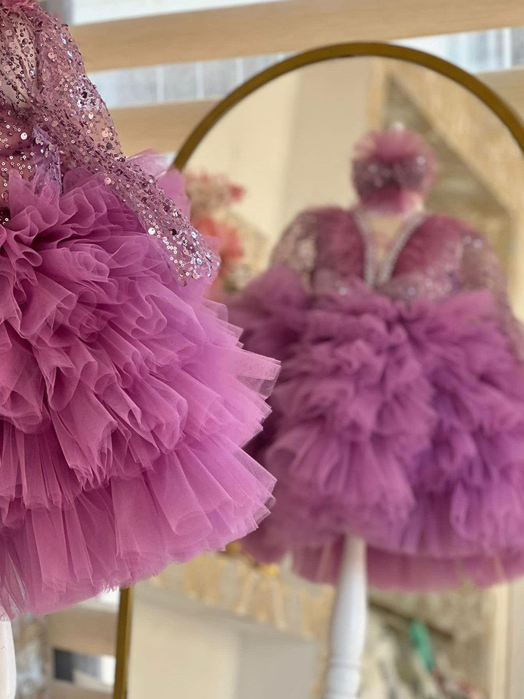 Lovely Feather Sequined Girls Pageant Dresses New Long Sleeves Crystals Beaded Tutu Appliques Tiered Skirts Red Flower Girl Dress Custom Made Kids For