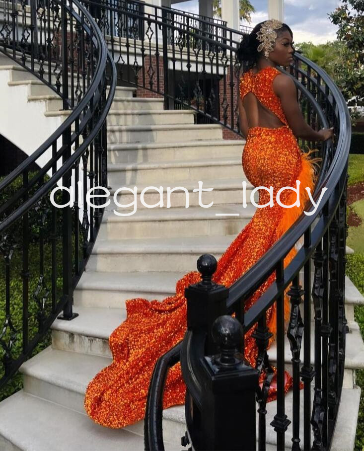 Orange Sparkly African Evening Reception Dresses for Women Luxury Diamond Crystal Feather Slit Prom Gown vestidos de fiesta
