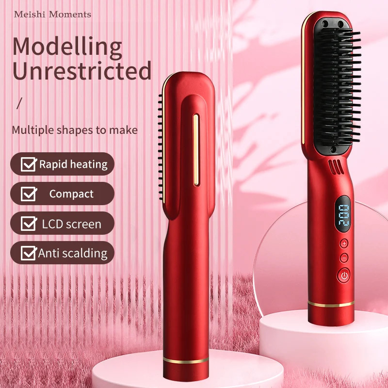 4000mAh Wireless Straightener Comb with LED Display Smoothing Brush Styling Appliance Hair Crimper free shipping