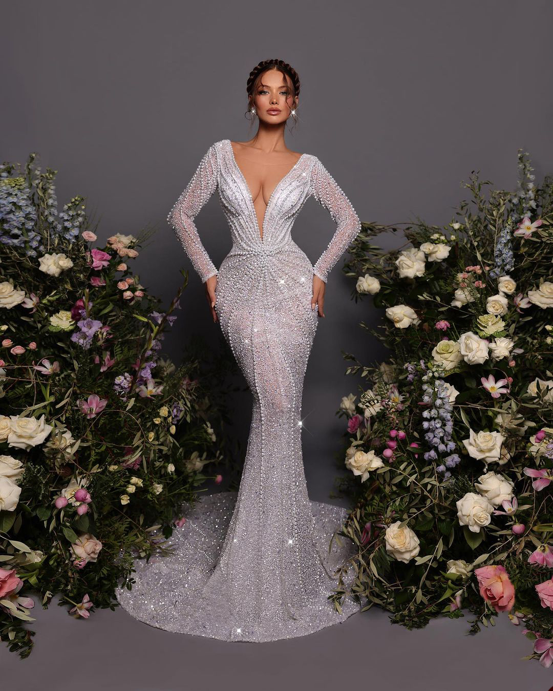 Pearls Mermaid Wedding V Neck Sequins Bridal Gowns Custom Made Long Sleeve Illusion Bride Dresses Plus Size 0219