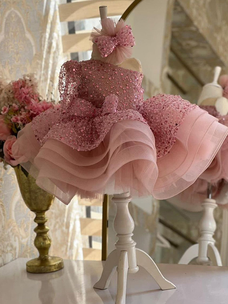 Pink White Shiny Flower One Shoulder Long Sleeve Sequined Big Bling Bowtie Ruffles Tulle Puff Birthday Party Dresses Gowns Pageant Dress For Girl 403