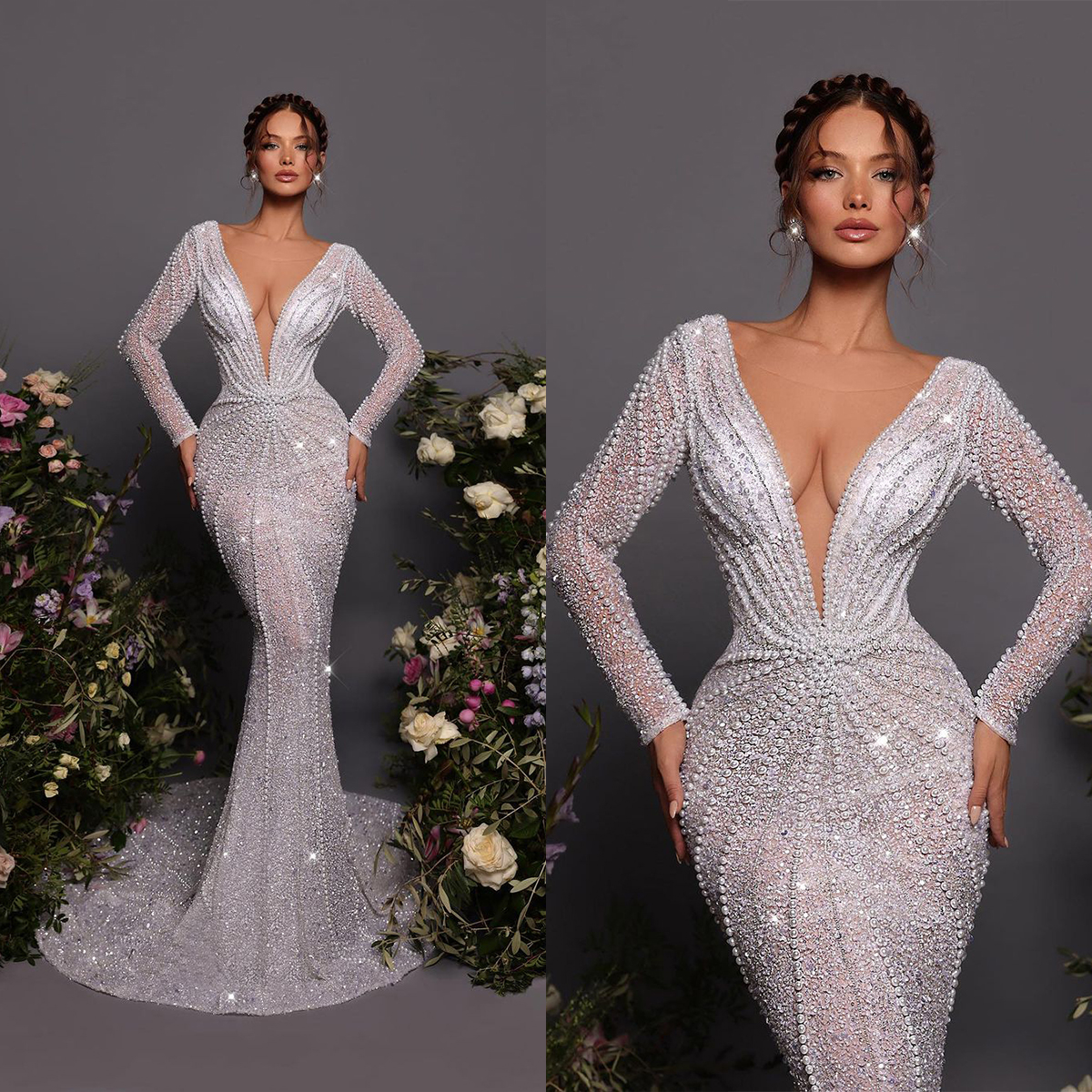 Wedding Pearls Mermaid V Neck Sequins Bridal Gowns Custom Made Long Sleeve Illusion Bride Dresses Plus Size
