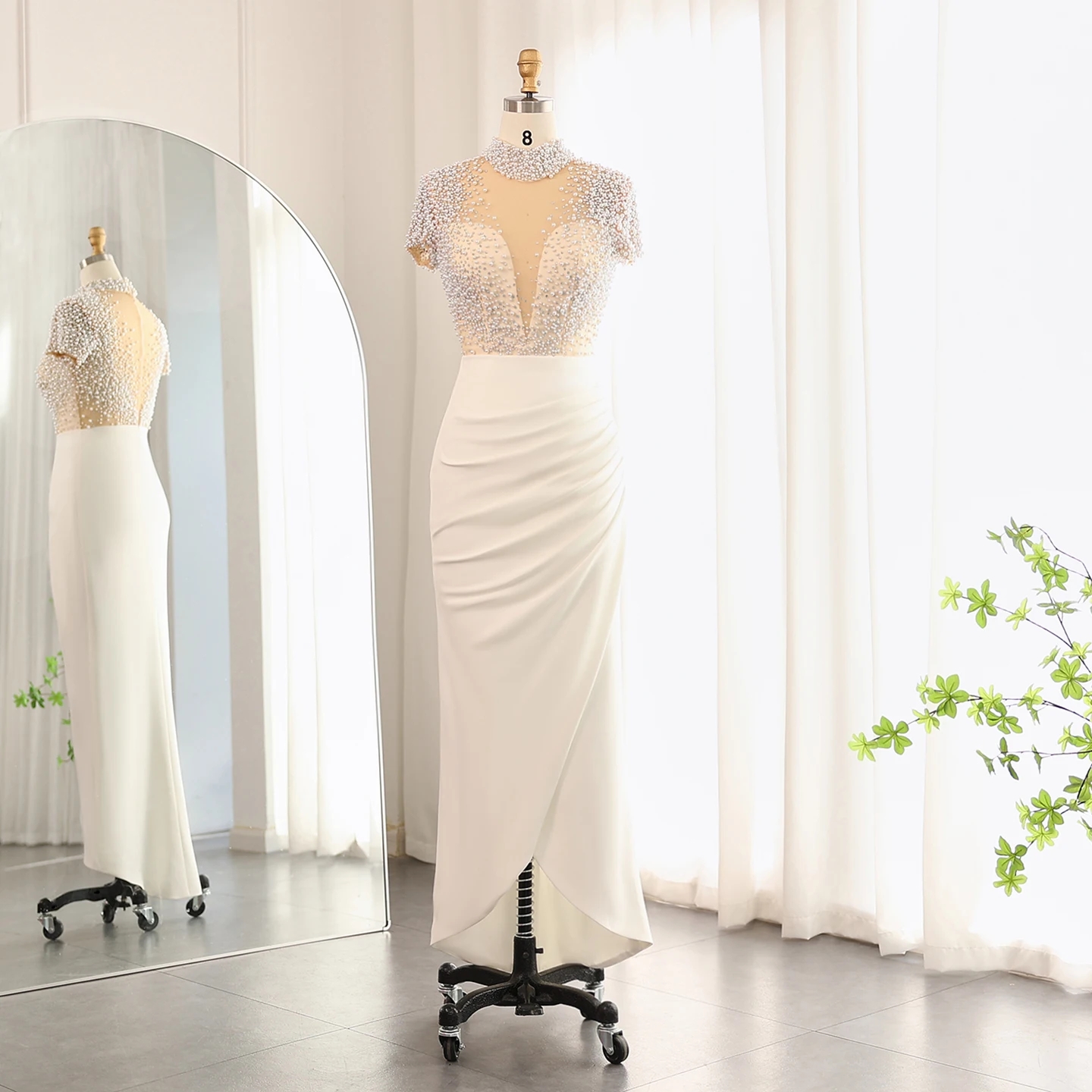 Elegant 2024 Evening Formal Dress High Neck Beaded Pearls Short Sleevevs Women Soft Satin Prom Party Gowns Birthday Wear Arabic Dubai Robe De Soiree