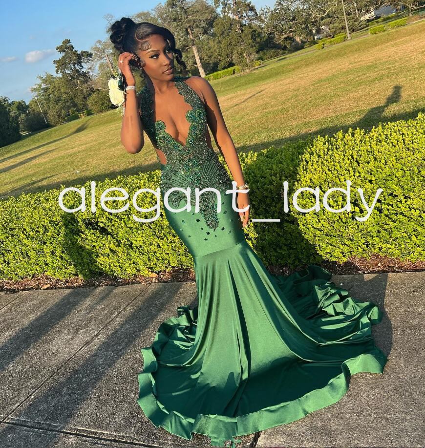 Emerald Green Luxury African Evening Birthday Dresses for Women Sparkly Diamond Crystal Prom Ceremony Gown vestidos gala