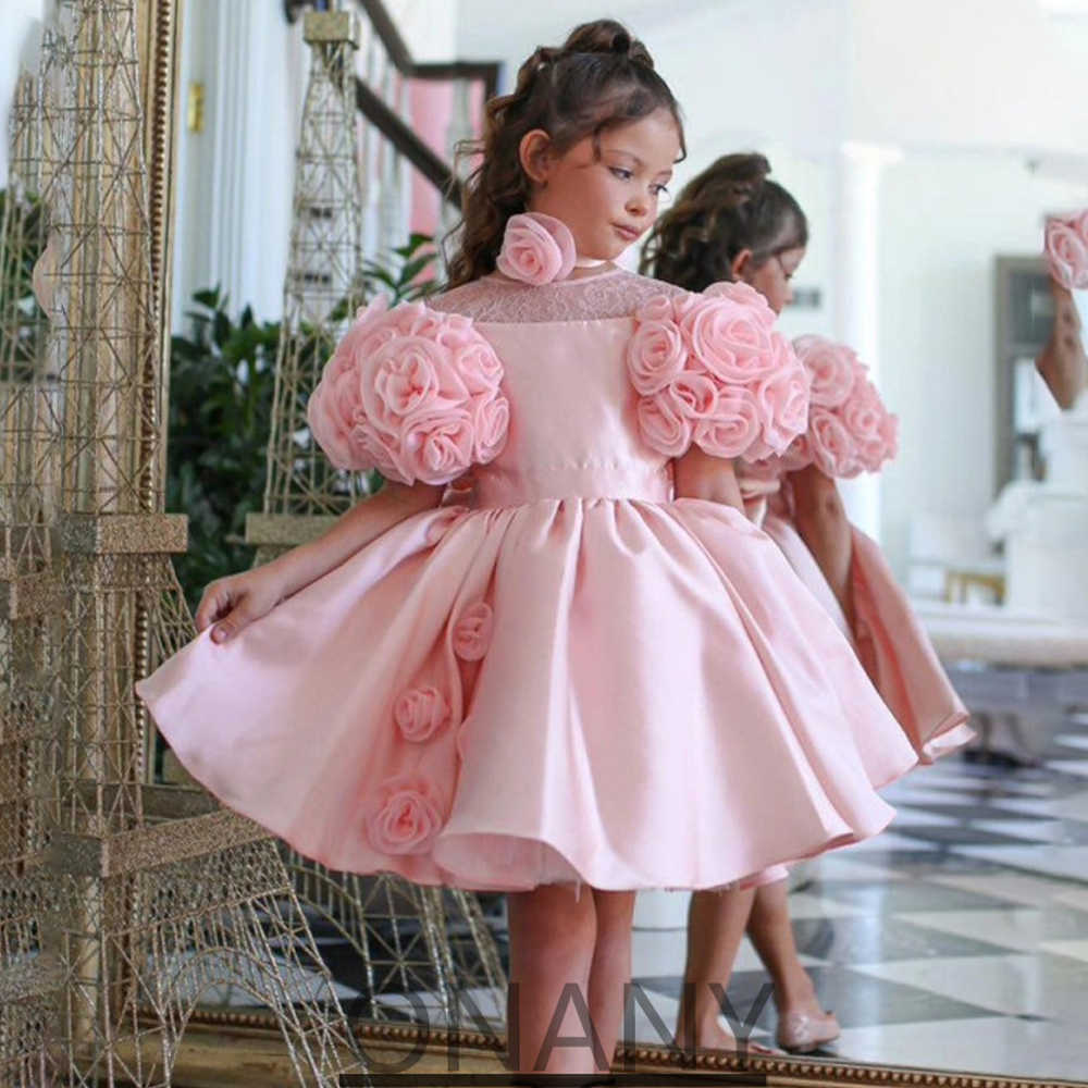 Lovely 3D Flowers Little Girl Dresses Satin O-Neck Bow Back Kids Birthday Party Gown A Line Knee Length Child Formal Prom Dress