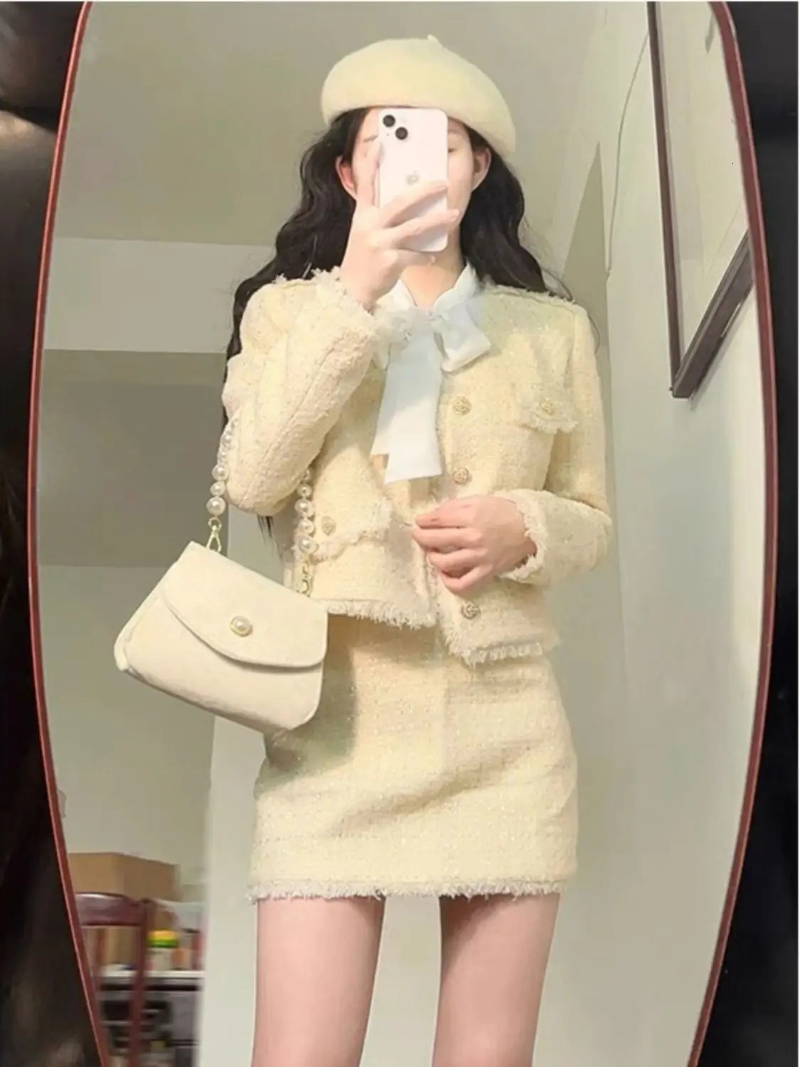 Korean Style Womens Suit Jacket Skirt Set Autumn and Winter Highend Temperament Office Lady Tweed Top Twopiece 240124