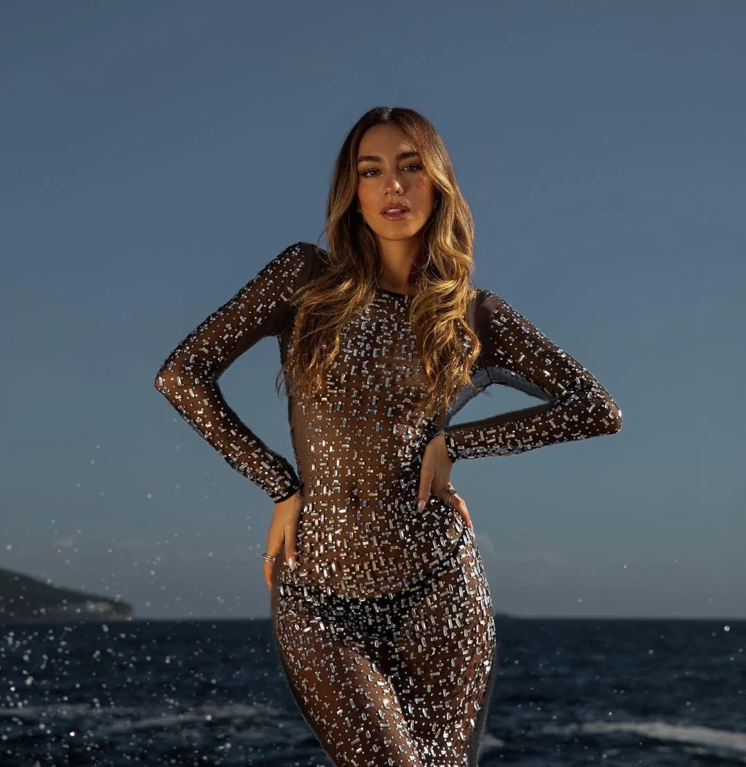 Glitter Female Cover up Maxi Dress Mesh See-Through Fashion Long Sleeve Slim Sexy Elegant Women Bodycon Dress Night Clubwear Out 240125