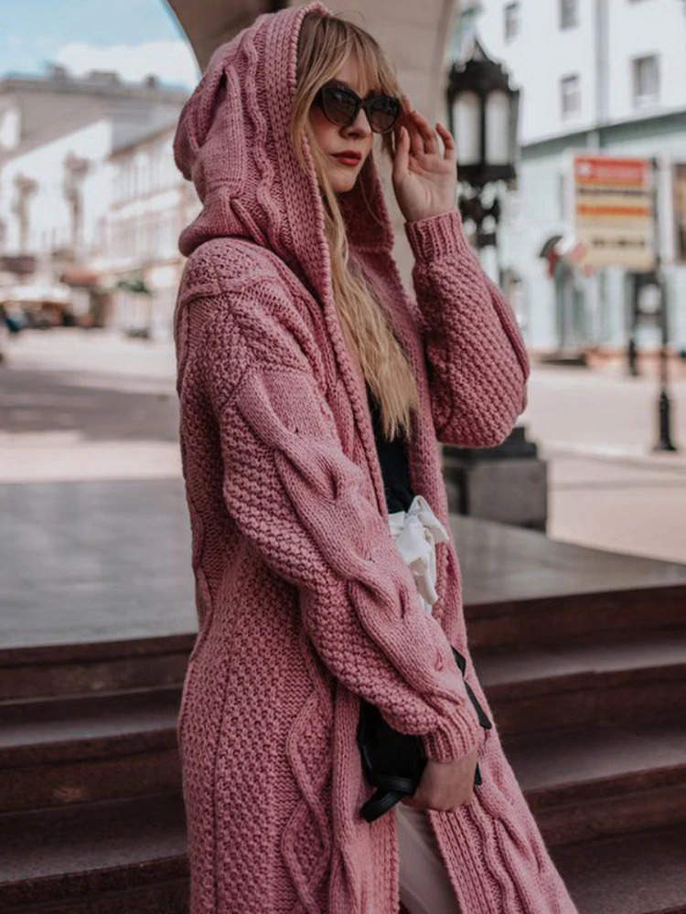 Knit Long Loose Cardigan Female Autumn Sweater 2023 Solid Color Hooded Sleeves Winter Twist High Street 240126