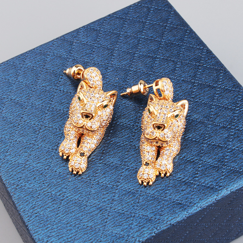 Rugged domineering Leopard Lying Micro inlays Bracelet Necklace Set Couple Earrings Ring Copper Shiny Non-Fading Hiphop Eternal Love Jewelry