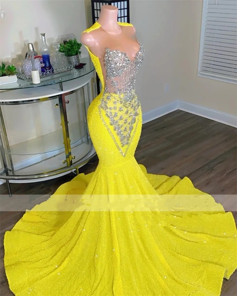 Yellow Sequins Long Prom 2024 For Black Girls Beading Crystal Rhies Birthday Party Dress Evening Gown Vestidos