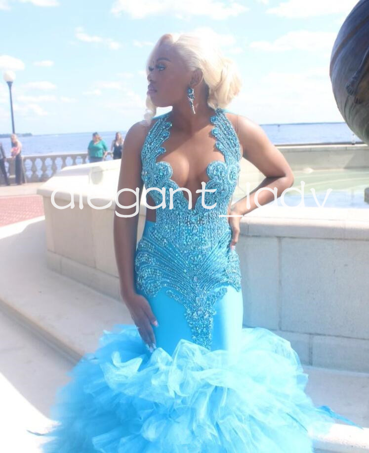 Sparkly Blue Mermaid Prom Birthday Dresses for Women Luxury Diamond Crystal Ruffles Black Girl Evening Gown vestidos gala