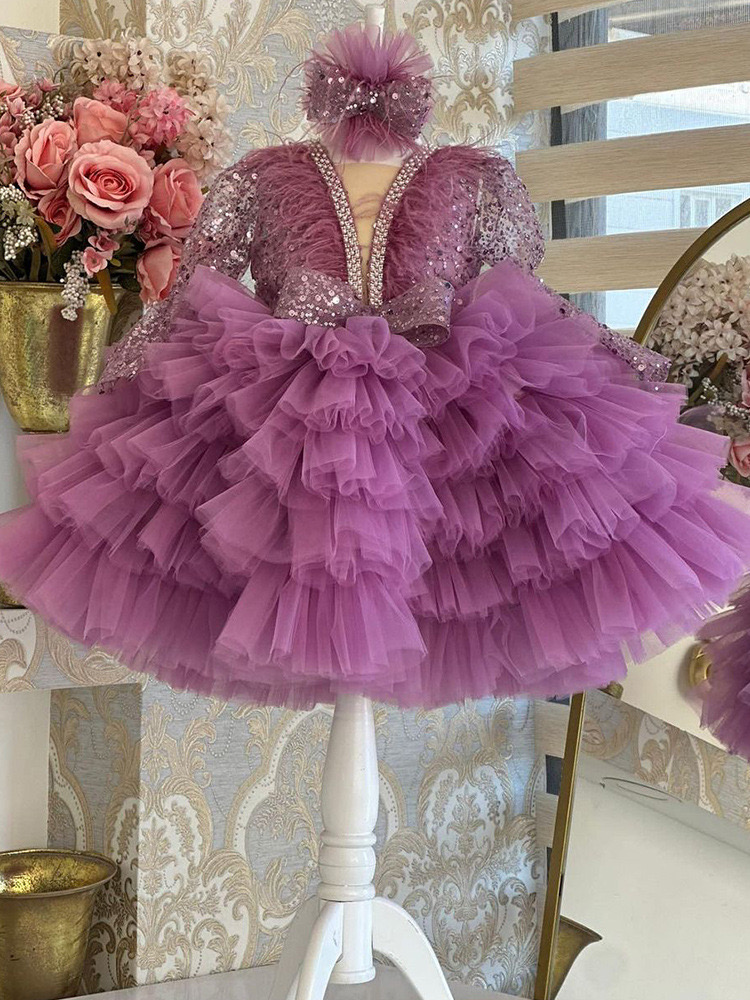 Lovely Feather Sequined Girls Pageant Dresses New Long Sleeves Crystals Beaded Tutu Appliques Tiered Skirts Red Flower Girl Dress Custom Made Kids For