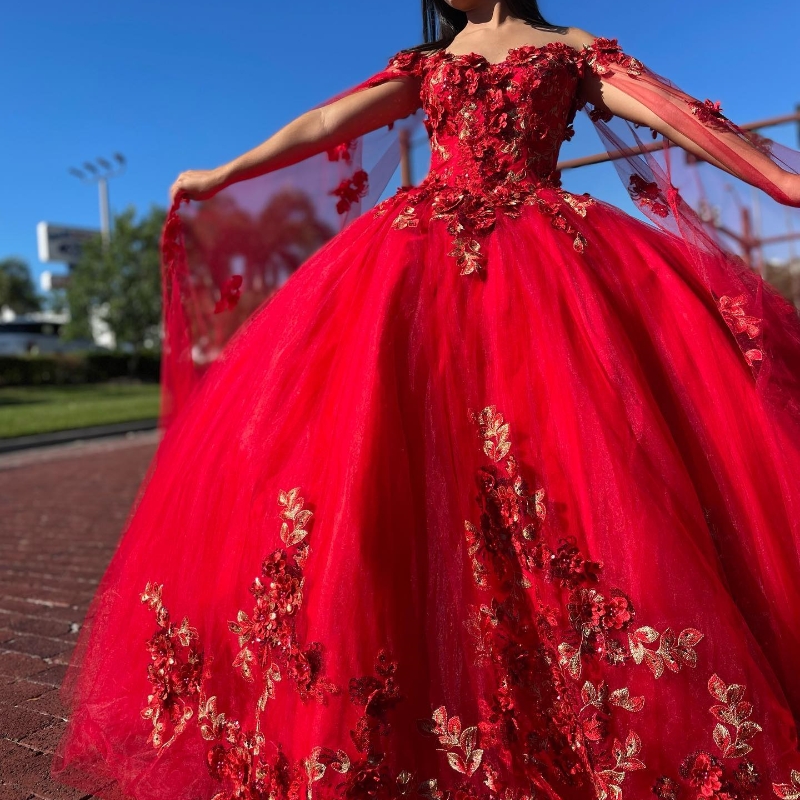 Red Quinceanera Dresses Ball Gown For 16 weet Girl Sequined Appliques Lace Tull With Cape Train Princess Dress Vestidos De 15 Anos