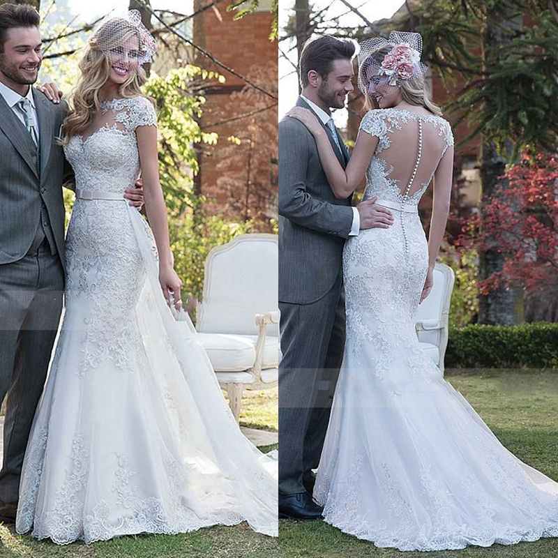 Elegant Short Sleeves Mermaid Wedding Dresses With Detachable Train Lace Appliques Back Illusion Sexy Long Bridal Gowns 2024 Spring Summer