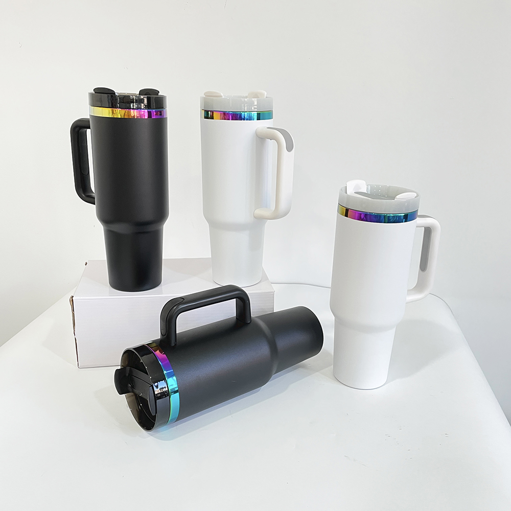 Outdoor sports BPA free stainless steel holographic black white powder coated H2.0 40oz rainbow plated insulated travel cup with lid and straw for las