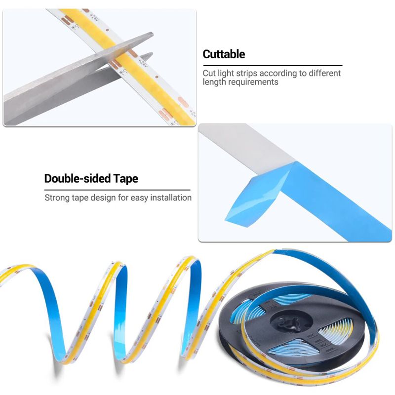 CCT COB Strip DC12V 24V CRI 90 High density cob led strip light 608leds dimmable 2700k-6500k 5mm 8mm 10mm for Bedroom Kitchen Home DIY Lighting