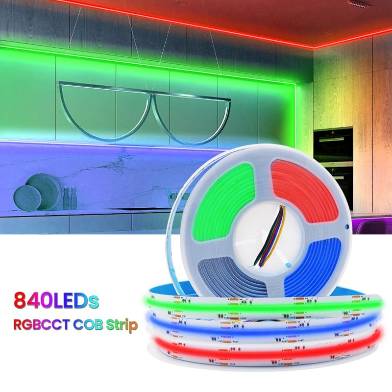 FCOB COB Color Changing RGBCCT Flexible High Density LED Strip Light RGB+Tunable Color Temperature 3000K-6000K 16.4FT 840LEDs DC24V 12mm Width for Dec