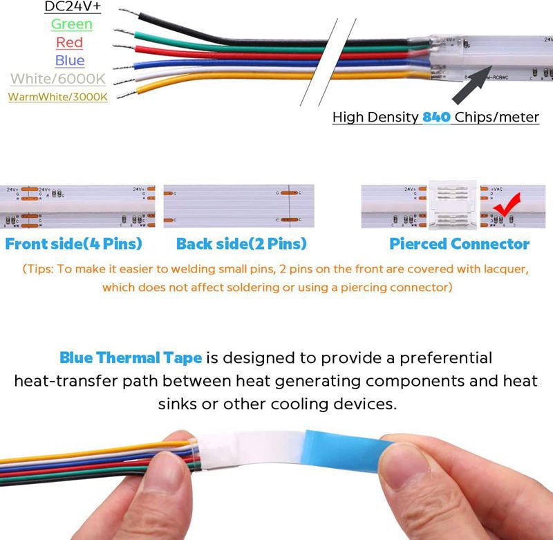 FCOB COB Color Changing RGBCCT Flexible High Density LED Strip Light RGB+Tunable Color Temperature 3000K-6000K 16.4FT 840LEDs DC24V 12mm Width for Dec
